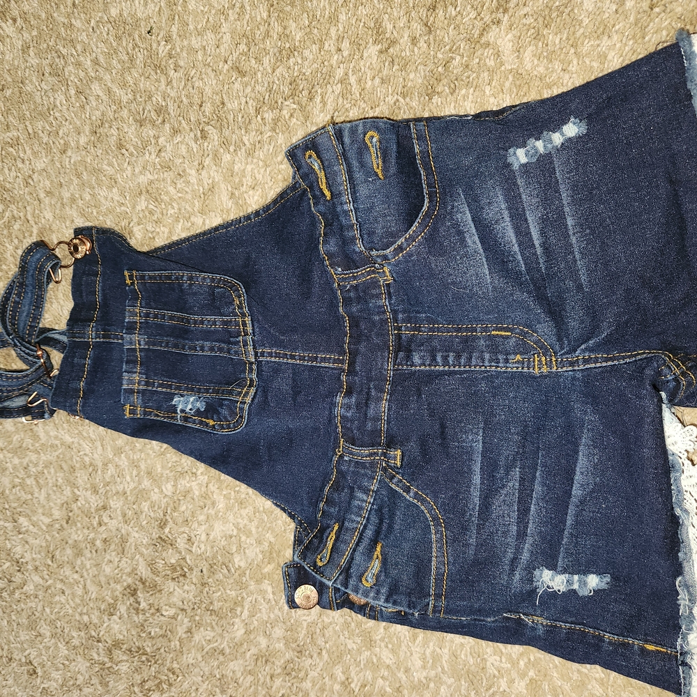 Denim Distressed Overalls with Lace Trim